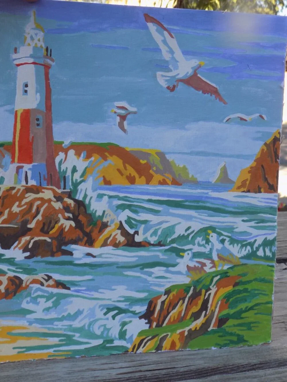 PAINTING Lighthouse Ocean Eagle Rocks, Seagulls, Vintage Home Decor *